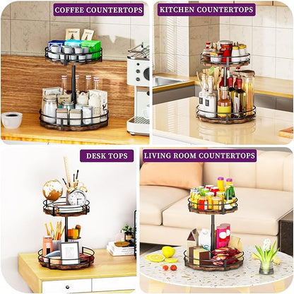 Heavy-Duty 2-Tier Lazy Susan Organizer, Adjustable to Different Heights, Countertop Spice Rack, Upgraded Thickened Wooden Board, Suitable for Seasoning Organizer, Kitchen Organization