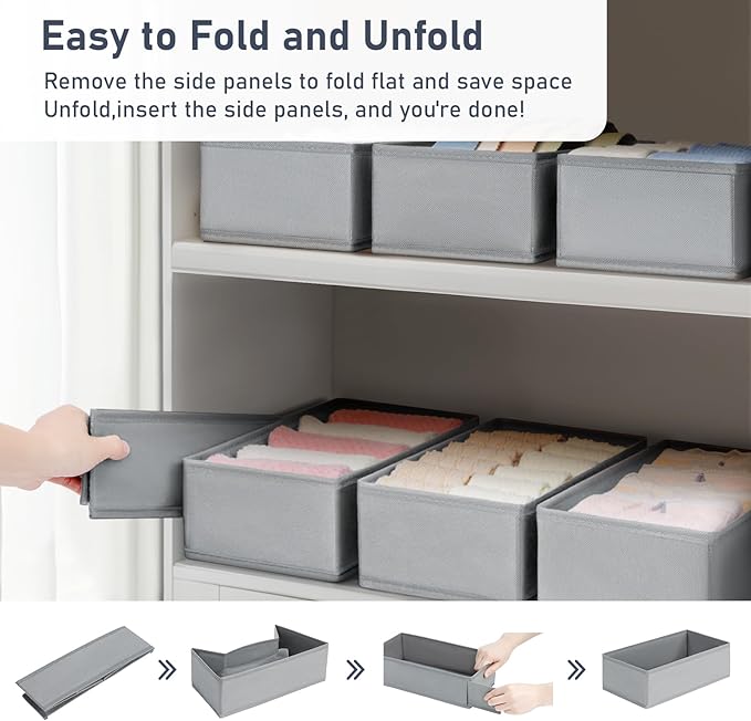 DIMJ Drawer Organizer Clothes - Small Dresser Organizer Underwear Drawer Organizer for Baby Clothes, Socks, Underwear, Bra, Belt, Tie - Grey