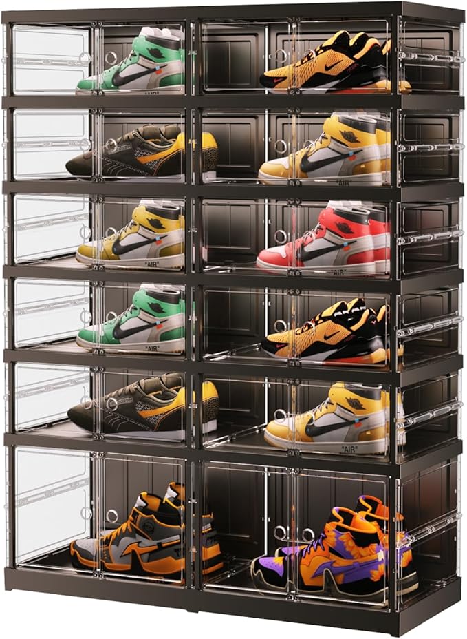 EHAMILY 6 Tiers 12-24 Pairs Foldable Shoe Rack for Closet Plastic Stackable Shoe Boxes for Garage Collapsible Shoes Shelf with Doors Storage Organizer Cabinet Quick Assembly,Black
