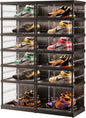 EHAMILY 6 Tiers 12-24 Pairs Foldable Shoe Rack for Closet Plastic Stackable Shoe Boxes for Garage Collapsible Shoes Shelf with Doors Storage Organizer Cabinet Quick Assembly,Black