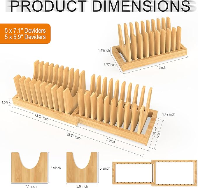 Expandable Bamboo Pot and Pan Organizer Under Cabinet, 2-in-1 Kitchen Pot and Lid Organizer with Adjustable 10 Dividers, Non-Slip Base for Pot Lids Holder, Cutting Board Organizers for Kitchen Storage