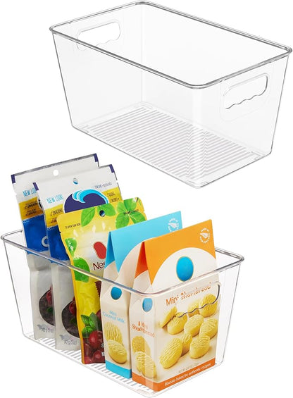 Vtopmart Clear Plastic Storage Bins, 2 PCS Pantry Organizer Bins with Handle for Refrigerator, Fridge, Cabinet, Kitchen, Countertops, Cupboard, Freezer Organization and Storage, Medium