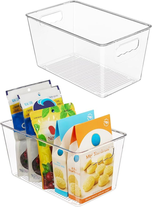 Vtopmart Clear Plastic Storage Bins, 2 PCS Pantry Organizer Bins with Handle for Refrigerator, Fridge, Cabinet, Kitchen, Countertops, Cupboard, Freezer Organization and Storage, Medium