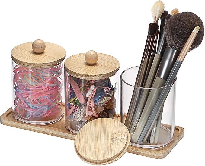 Qtip Holder with Vanity Tray Clear Cotton Ball Holder Cotton Swab Dispenser Bathroom Storage Canister with Lid Qtip Dispenser for Bathroom Office,3 Pcs
