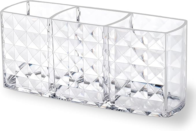 MOSIKER Makeup Brush Holder for Vanity,Acrylic Clear Small Compact Nail Hair Lip Liner Brush Pen Organizer with 3 Slots