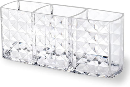 MOSIKER Makeup Brush Holder for Vanity,Acrylic Clear Small Compact Nail Hair Lip Liner Brush Pen Organizer with 3 Slots