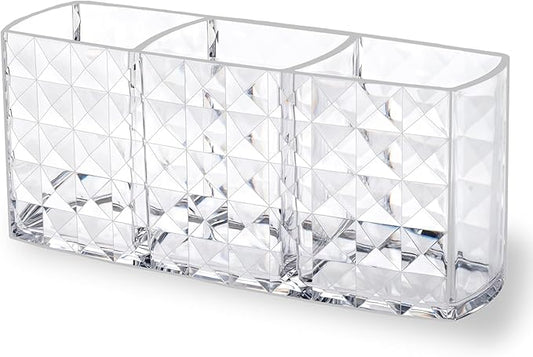 MOSIKER Makeup Brush Holder for Vanity,Acrylic Clear Small Compact Nail Hair Lip Liner Brush Pen Organizer with 3 Slots