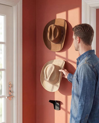 Ozueccr Cowboy Hat Rack for Wall - 4 Pack, Horn Shaped Cowboy Hat Holder, Double Support Structure with Rounded Edges, Western Wall Decor, 2 Wall Mounting Options