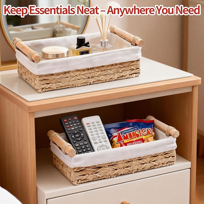Storage Basket Wicker Baskets for Organizing, Storage Bins for Countertop & Toilet Paper, Toilet Tank Top Organizer (Set of 2, Beige)