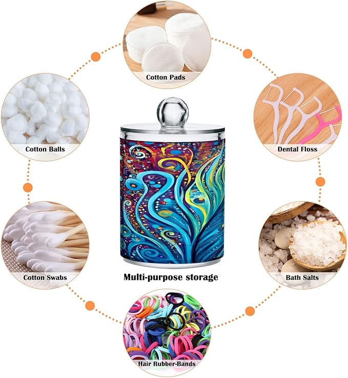 4 Pack Qtip Holder Dispenser Peacock Feathers Rainbow Feathers Blue Cotton Ball Swab Round Pads Floss Clear Bathroom Storage Containers Plastic Apothecary Jars with Lids