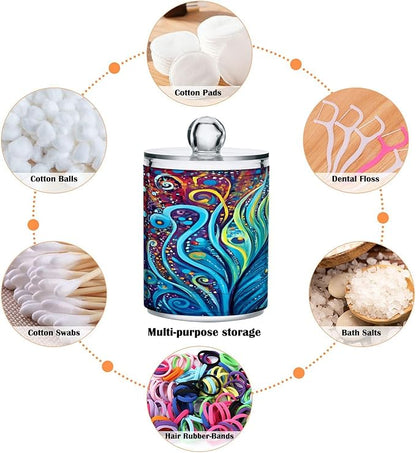 4 Pack Qtip Holder Dispenser Peacock Feathers Rainbow Feathers Blue Cotton Ball Swab Round Pads Floss Clear Bathroom Storage Containers Plastic Apothecary Jars with Lids