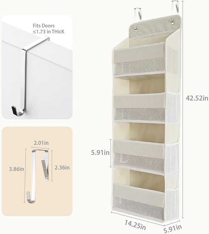 Over the Door Organizer, Door Storage Organizer with Large Capacity Pockets, Hanging Shelves for Bedroom, Closet, Dorm, Pantry (Beige, 4-Tier)