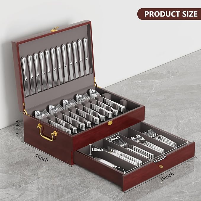 Mahogany Wood Silverware Storage Box,2-Layer Silverware Chest Case with Lid Drawer Handle Silverware Case with Felt Lined,Flatware Storage Box Holds 12-16 Sets of Utensils,Wedding Housewarming Gifts