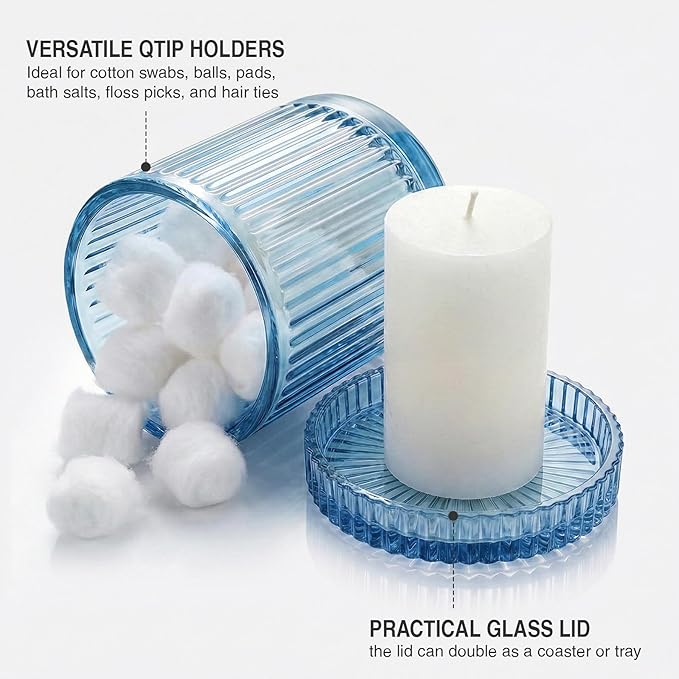 2 Pack Qtip Holder - Apothecary Jars with Lids, Bathroom Organizers and Storage Canister for Cotton Balls,Swabs,Floss Picks,Hair Ties,Clear Glass Vintage Bathroom Decor Jar Set (Blue)