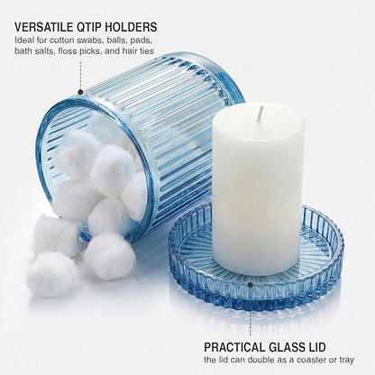 2 Pack Qtip Holder - Apothecary Jars with Lids, Bathroom Organizers and Storage Canister for Cotton Balls,Swabs,Floss Picks,Hair Ties,Clear Glass Vintage Bathroom Decor Jar Set (Blue)