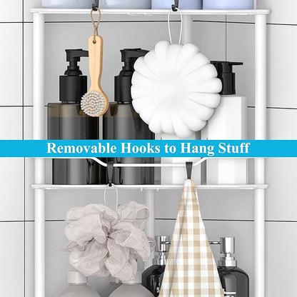 HuggieGems 3 Tier Floor Standing Corner Shower Caddy Organizer Shelf with Hooks, Bathroom Shelves Stand Rack, White