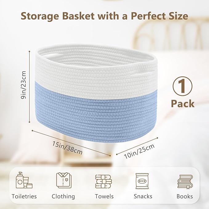 ECDYQXVU Cotton Rope Storage Basket, 15x10x9 Inches, Woven Basket for Shelves, Clothes, Towels, Books, and Laundry, White Blue (1 Pack)