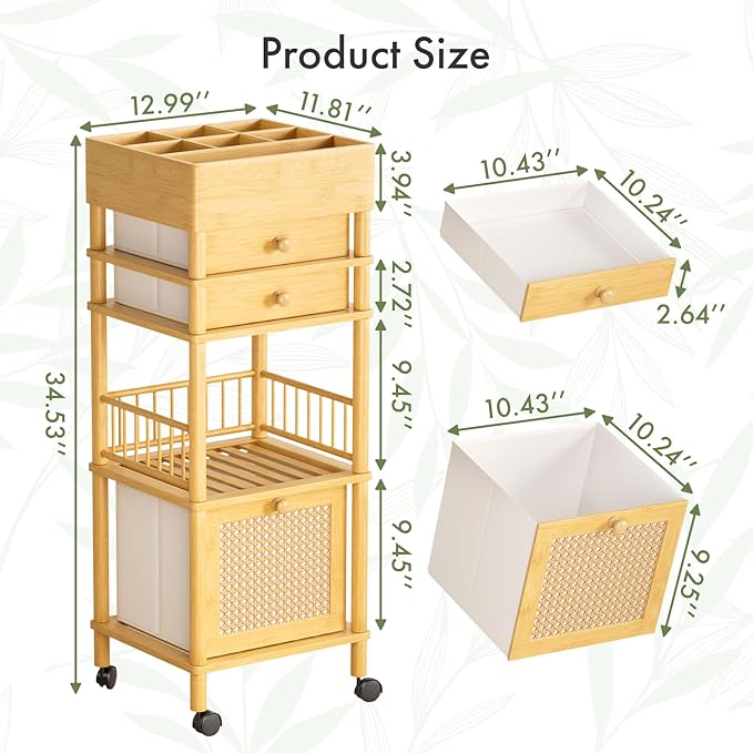 Amazer Bamboo Makeup Organizer Cart with 3 Drawers, Floor Skin Care Storage for Bathroom Bedroom, Rolling Vanity Organizer Cart for Cosmetic, Nail Polish, Perfume and Hair Tools