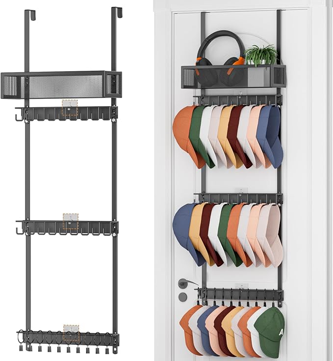 3 Tier Over Door Hat Organizer with Basket, Hat Rack for Baseball Cap with 18 Hooks and 10 Movable Clips,Hat Hanger Storage Holds up to 30+ Caps for Door, Bedroom, Closet (Black)