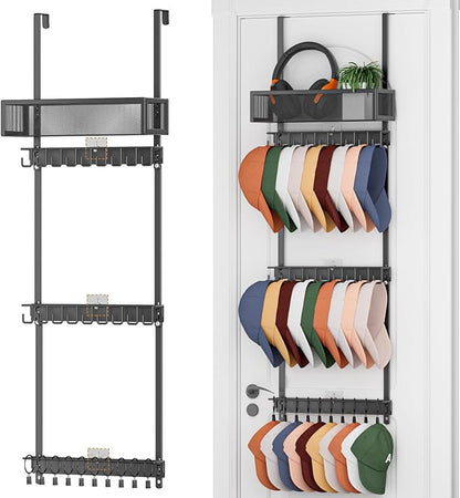 3 Tier Over Door Hat Organizer with Basket, Hat Rack for Baseball Cap with 18 Hooks and 10 Movable Clips,Hat Hanger Storage Holds up to 30+ Caps for Door, Bedroom, Closet (Black)