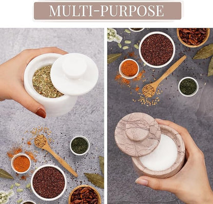 MARBLOUS KRAFTS Marble Salt Cellar with Lid 3" White and Marinara Salt, Pepper Bowls, Seasoning Containers Kitchen Storage, Perfect Mother’s Day Gift for Mom, Decorative Spice Jar, Home Décor