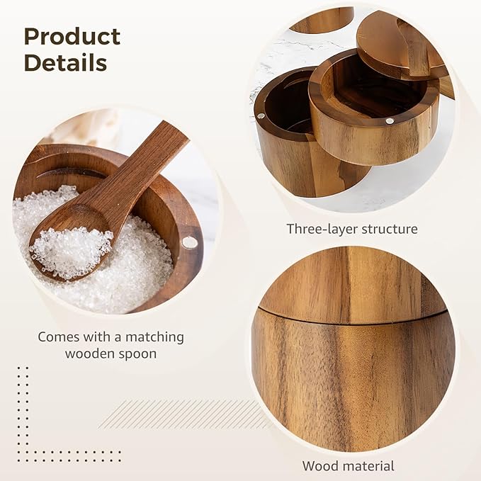 Acacia Wood Salt Cellar, 2-Layer Wooden Seasoning Box with Spoon and with Strong Attachment Force Swivel Lid, 4.1x3.5x3.5 in Kitchen Spice Container Organizer, Brown