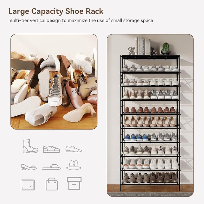 IBUYKE 10 Tier Shoe Rack, Large Capacity Shoe Storage Organizer for 40 Pairs of Shoes, Metal Shoe Storage Rack with Shelf for Entryway Hallway Closet Garage, Black TXJ010B