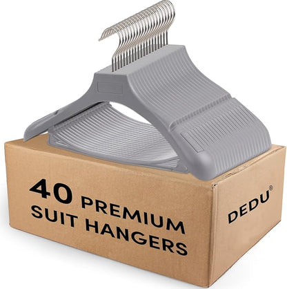 DEDU Suit Hangers for Men 40 Pack, Grey Coat Hangers Extra Wide Non Slip Width 17.7", Thick Plastic with Pants Bar & Metal Hook
