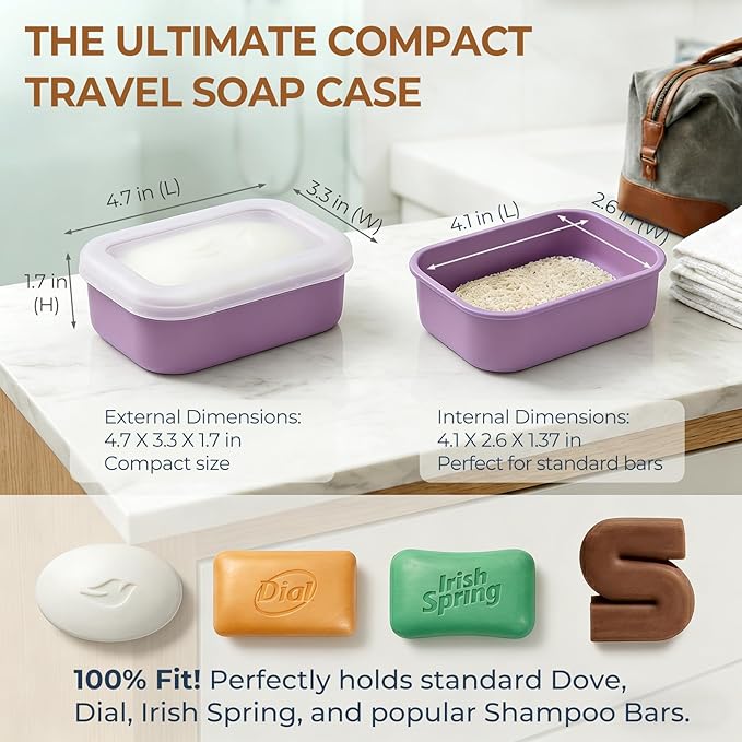 AIMAIAIMAI Enhanced Leak Proof Travel Soap Container, Compact Silicone Travel Soap Holder with Drainage Pad, Great for Camping, Gym and Business Trip (Purple)