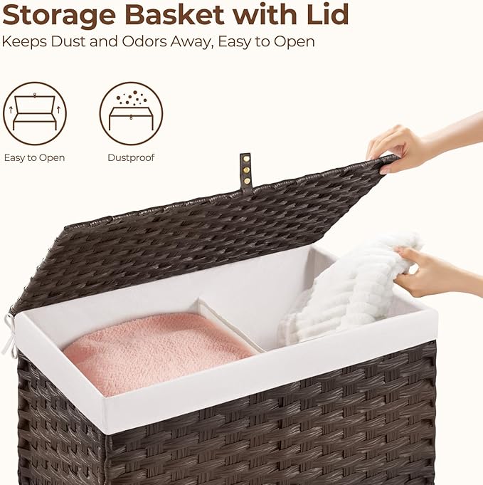 GREENSTELL Storage Basket with Lid, 27.7 Gallon(105L) Lagre Wicker Blanket Storage Basket with Handles, Foldable, 2 Removable Liner Bags, Metal Frame, for Bedroom, Laundry Room, Brown