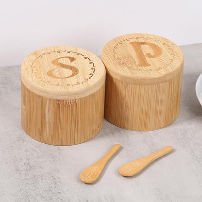 2 Layers Acacia Wood Salt & Pepper Bowl with Built-in Spoon and Magnetic Swivel Lid - Dustproof Salt Holder for Kitchen Serving (Wood)