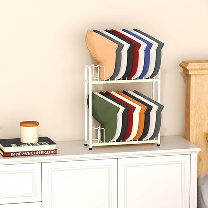 SWTYMIKI Hat Stand for Baseball Caps - 2 Tier Wood & Metal Tabletop Hat Organizer Storage Display Rack, Holds up to 20 Caps for Desk, Closet Shelf, Dresser (White)