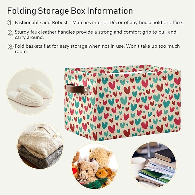 Bolaz Large Storage Basket Vintage Teal Red Cute Hearts Foldable Storage Box Organizer Bins with Handles for Bedroom Home Office