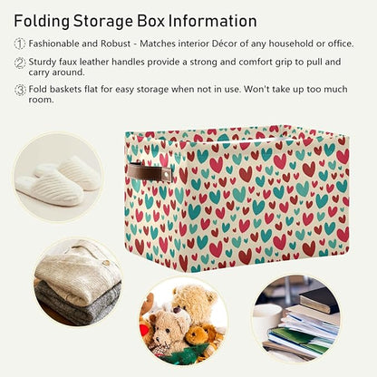 Bolaz Large Storage Basket Vintage Teal Red Cute Hearts Foldable Storage Box Organizer Bins with Handles for Bedroom Home Office