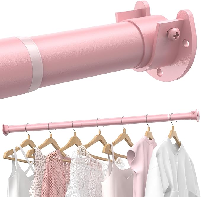 Supforce Closet Rods for Hanging Clothes, 17 to 54 Inches Stepless Adjustable Metal Closet Rod, 1.3 Inches Heavy Duty Clothes Hanging Rod for Closet Wardrobes Laundry RV, Pink