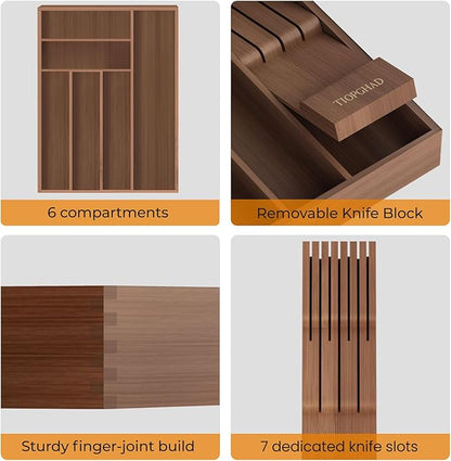 TIOPGHAD Small-Bamboo-Silverware-Drawer-Organizer, Expandable Utensil Kitchen Cutlery Tray Flatware Organization Wood Tableware Dividers Storage (with Removable Knife Block)(Brown)