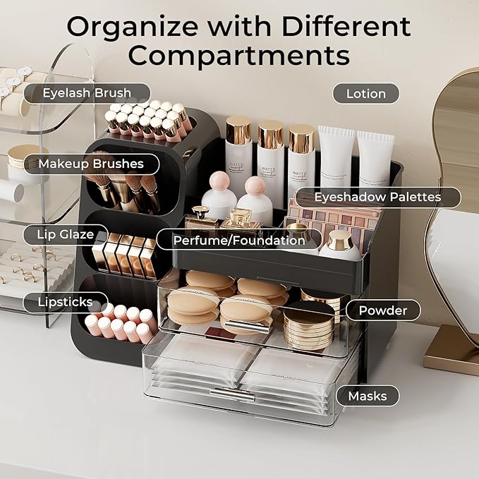 Makeup Organizer for Vanity with Brush Holder, Large Capacity Bathroom Countertop Skincare Organizer with 2 Drawers, Cosmetic Display Case for Perfumes, Eyeshadow Palettes, Nail Polishes