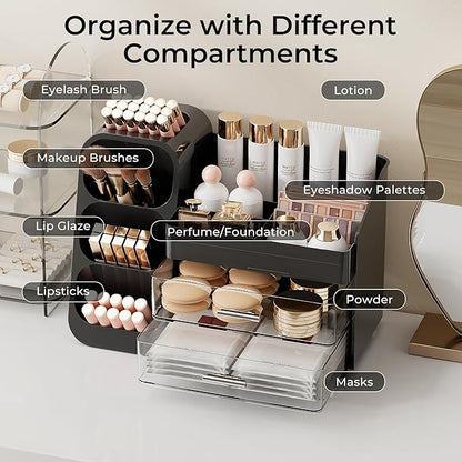 Makeup Organizer for Vanity with Brush Holder, Large Capacity Bathroom Countertop Skincare Organizer with 2 Drawers, Cosmetic Display Case for Perfumes, Eyeshadow Palettes, Nail Polishes