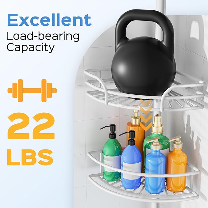 HAMITOR Shower Caddy Corner Tension Pole: 4-Tier Large Capacity Bathroom Organizer Shelf with Towel Bar - Rustproof No-Drill Adjustable 47-123 inch Storage for Renters, Home Bathtub Stand Rack, White