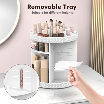 Rotating Makeup Organizer, Adjustable Vanity Organizer, Large Capacity Cosmetic Display Case for Spinning, Storage Carousel for Bathroom and Vanity Countertop, Diamond Pattern, Large, White