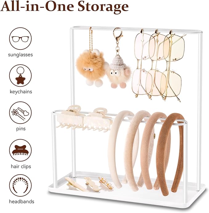 pickpiff Headband Holder Organizer Metal 2-Tier with Tray: Hair Accessories Display Stand Storage, Purse Charms Key Rings Rack Necklace Stand Home Bedroom for Girls Women, White