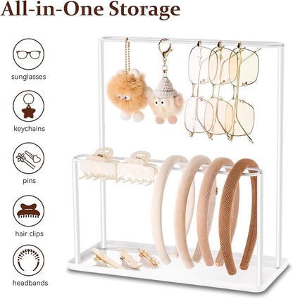 pickpiff Headband Holder Organizer Metal 2-Tier with Tray: Hair Accessories Display Stand Storage, Purse Charms Key Rings Rack Necklace Stand Home Bedroom for Girls Women, White