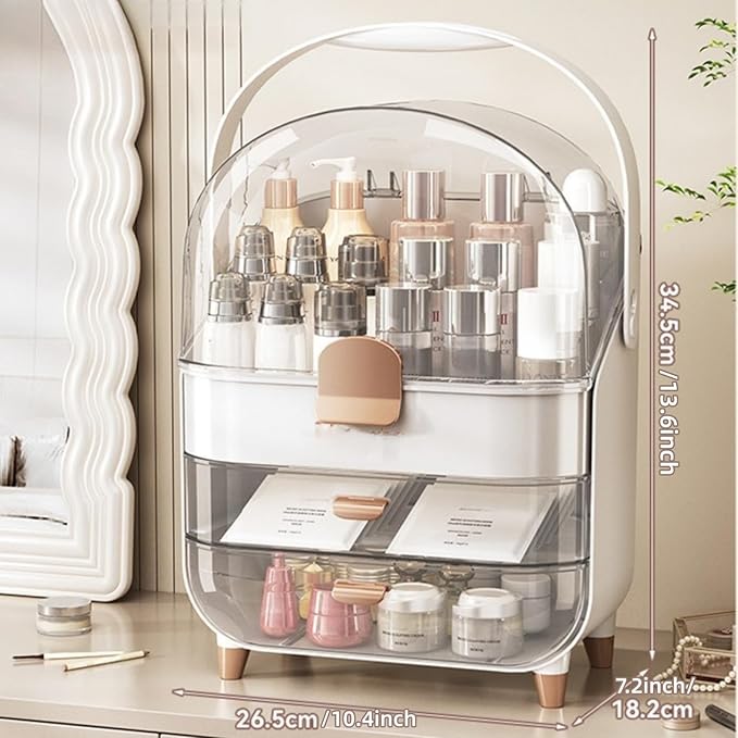 Makeup Organizer, Skincare Organizers with Clear Lid & 2 Drawers and 360° Rotating Brush Holder
