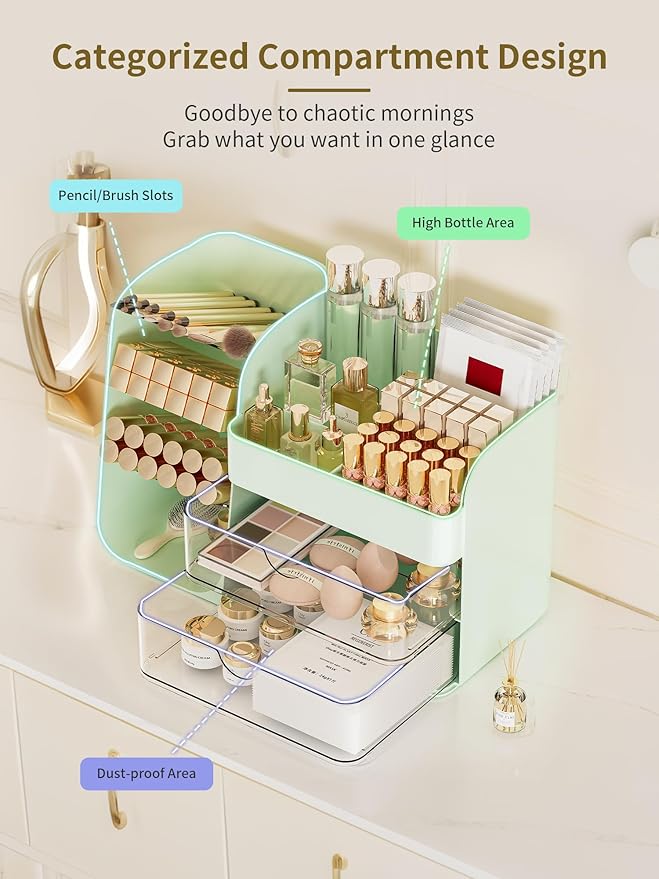 Booklov Makeup Organizer for Vanity, Countertop Cosmetic Display Case with Clear Acrylic Drawers, Bathroom Counter Beauty Caddy, Cute Table Storage Holder for Skincare, Brush Lipsticks, Crystal Green