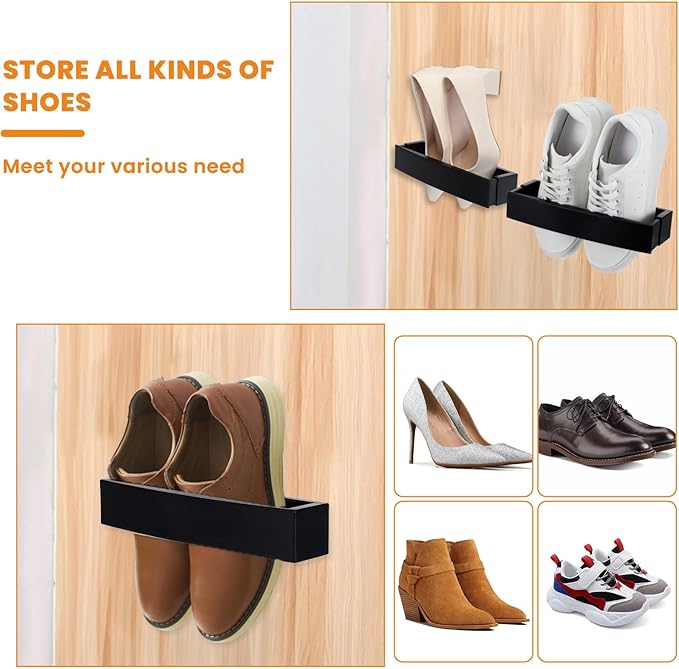 6 Pcs Adjustable Wall Mounted Shoes Rack with Sticky Hanging Strips, Plastic Shoes Holder Storage Organizer, Door Shoe Hangers