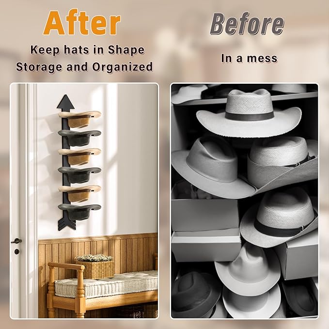 Cowboy Hat Holder for Wall, Cowboy Hat Rack Arrow Wood for 10 Baseball Caps and 5 Cowboy Hats, Western Wall Decor for Bedroom, Hat Organizer Hanger Storage for Entryway Closet Living Room, Black