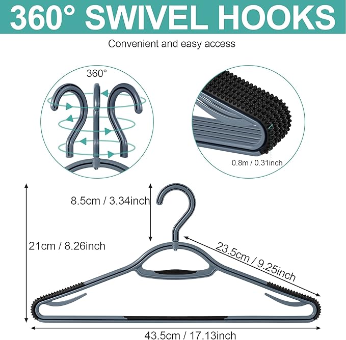 Extra Non Slip Plastic Clothes Hangers 30 Pack, with Sure Grip Rubber, 360 Degree Swivel Hook, Space Saving (Steel Blue/Cool Grey)