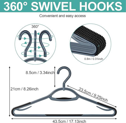 Extra Non Slip Plastic Clothes Hangers 30 Pack, with Sure Grip Rubber, 360 Degree Swivel Hook, Space Saving (Steel Blue/Cool Grey)