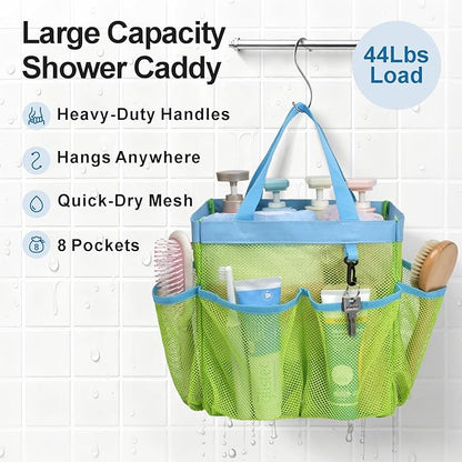 F-color Mesh Shower Caddy Portable, Upgrade Deeper 7 Pockets Shower Bag Basket Bag Tote for College Dorm Room Toiletry Bathroom Essentials Gym Camp Quick Dry 2 handles with S Hook