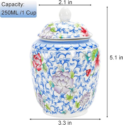 Okllen Set of 3 Small Blue and White Porcelain Salt Cellar with Airtight Lid, 250ml/ Approx. 1 Cup Sugar & Salt Crock Container Ceramic Spice Jar for Kitchen Countertop